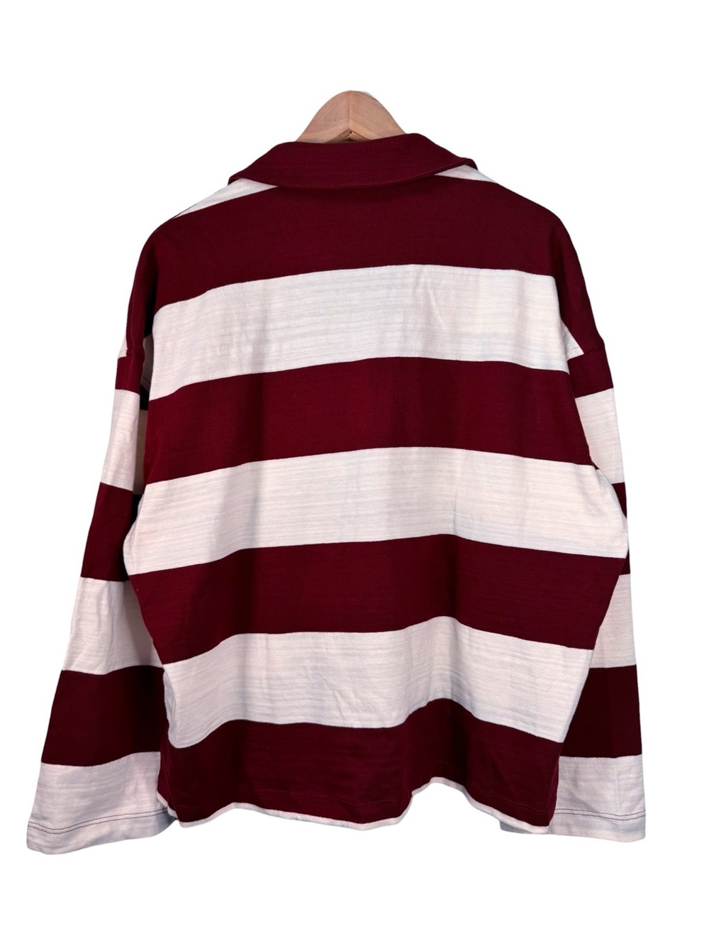 SOLD Madewell Rugby Polo Shirt Large Maroon White Stripe Oversized Long Sleeve - Picture 2 of 5